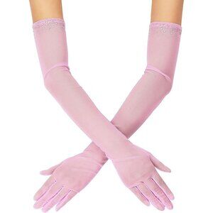 Women's Sexy Pearl Pink Beaded Long Gloves Tulle Mesh Wedding Party Prom